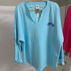 💗SOLD💗 VS Pink Varsity Notch Neck Crew Sweatshirt Sz L NWT Blue